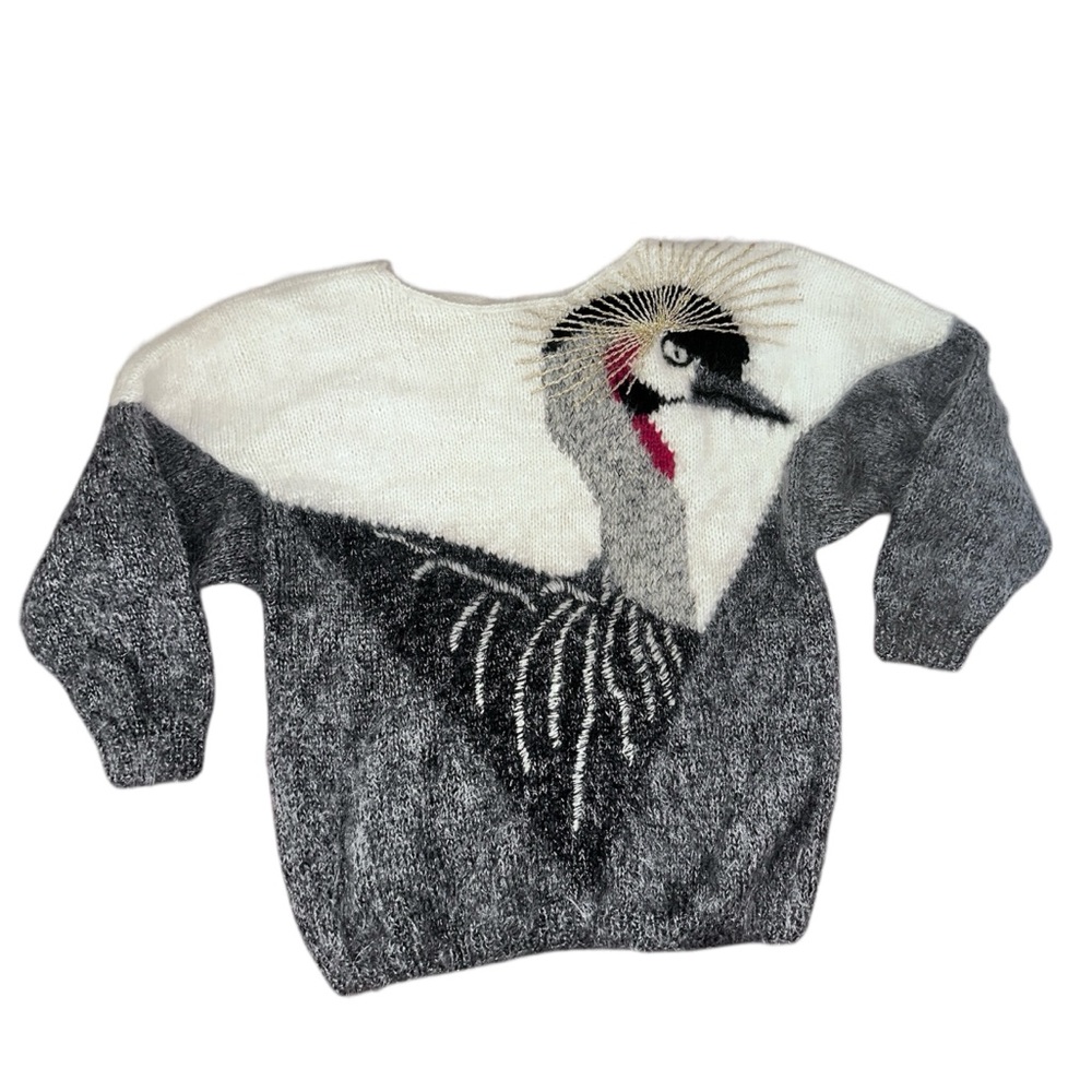 Vintage 80s Crane Bird Embroidered Fuzzy Sweater White/Gray/Gold Lurex